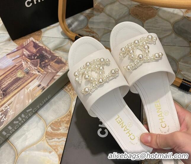 Luxury Chanel Calfskin Flat Slide Sandals with Pearl CC White 801114