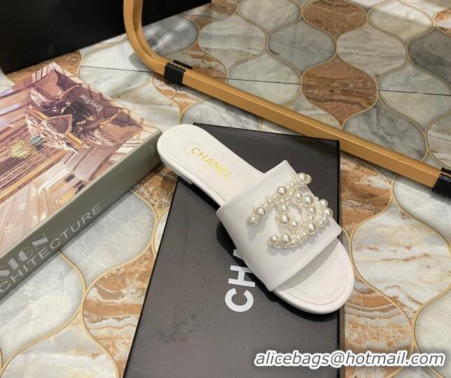 Luxury Chanel Calfskin Flat Slide Sandals with Pearl CC White 801114