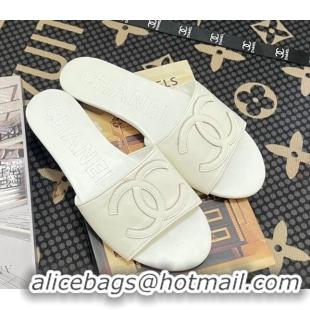 Discount Fashion Chanel Calfskin Flat Slide Sandals with Maxi CC All White 801116