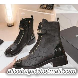 Good Looking Chanel Quilted Lambskin & Patent Calfskin Ankle Combat Boots G45005 Black 802001