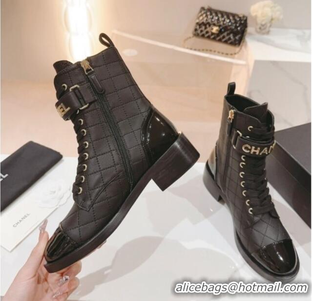 Good Looking Chanel Quilted Lambskin & Patent Calfskin Ankle Combat Boots G45005 Black 802001