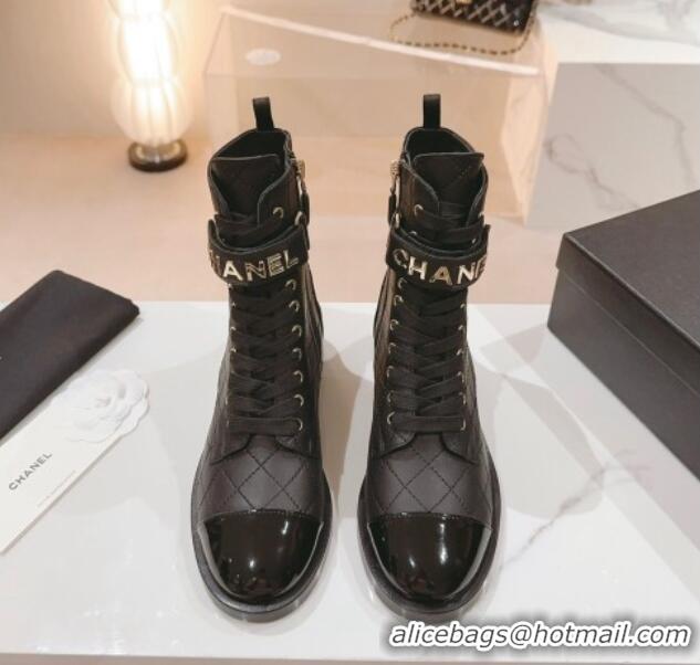 Good Looking Chanel Quilted Lambskin & Patent Calfskin Ankle Combat Boots G45005 Black 802001