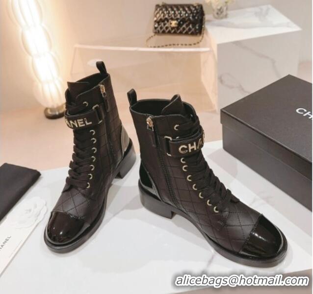 Good Looking Chanel Quilted Lambskin & Patent Calfskin Ankle Combat Boots G45005 Black 802001