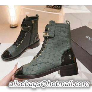 Best Product Chanel Quilted Lambskin & Patent Calfskin Ankle Combat Boots G45005 Green 802002