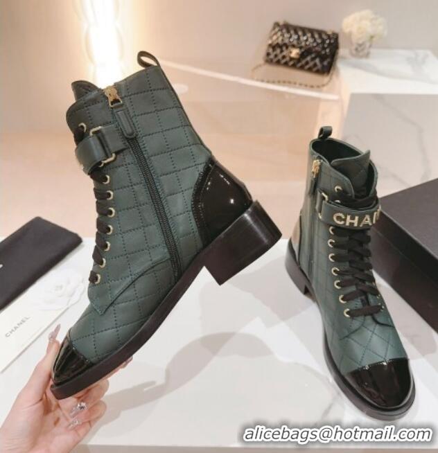 Best Product Chanel Quilted Lambskin & Patent Calfskin Ankle Combat Boots G45005 Green 802002