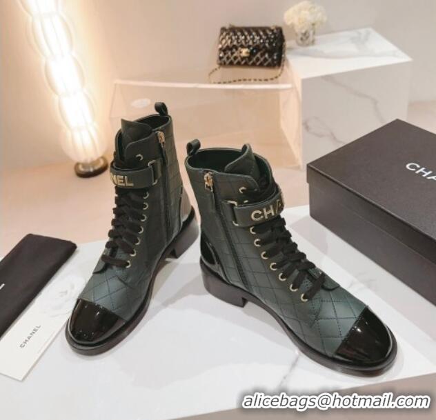 Best Product Chanel Quilted Lambskin & Patent Calfskin Ankle Combat Boots G45005 Green 802002