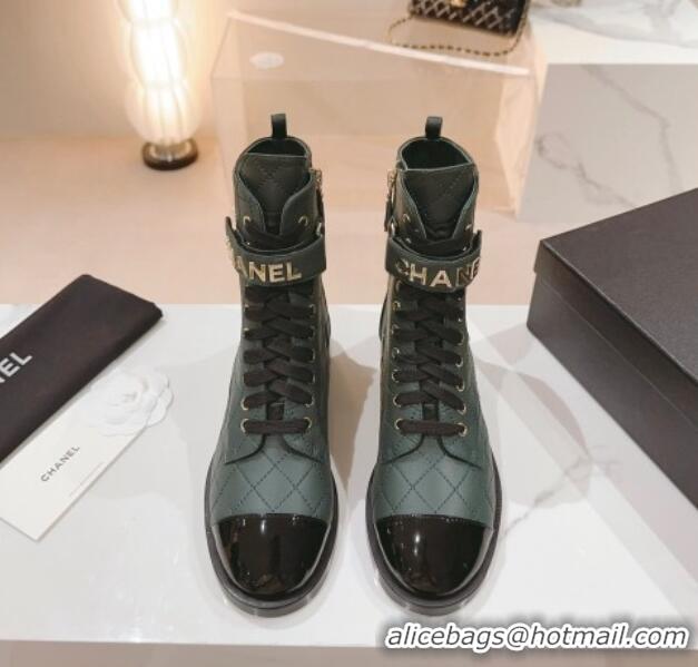 Best Product Chanel Quilted Lambskin & Patent Calfskin Ankle Combat Boots G45005 Green 802002