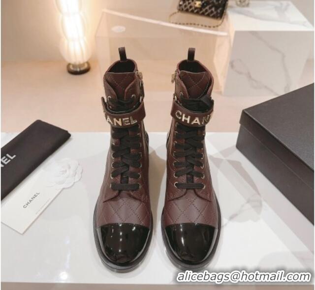 Unique Style Chanel Quilted Lambskin & Patent Calfskin Ankle Combat Boots G45005 Chocolate Brown