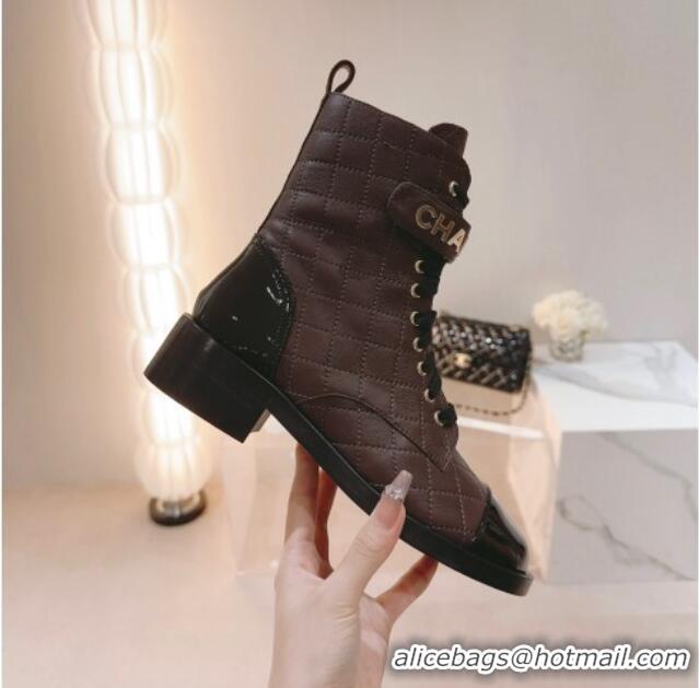 Unique Style Chanel Quilted Lambskin & Patent Calfskin Ankle Combat Boots G45005 Chocolate Brown