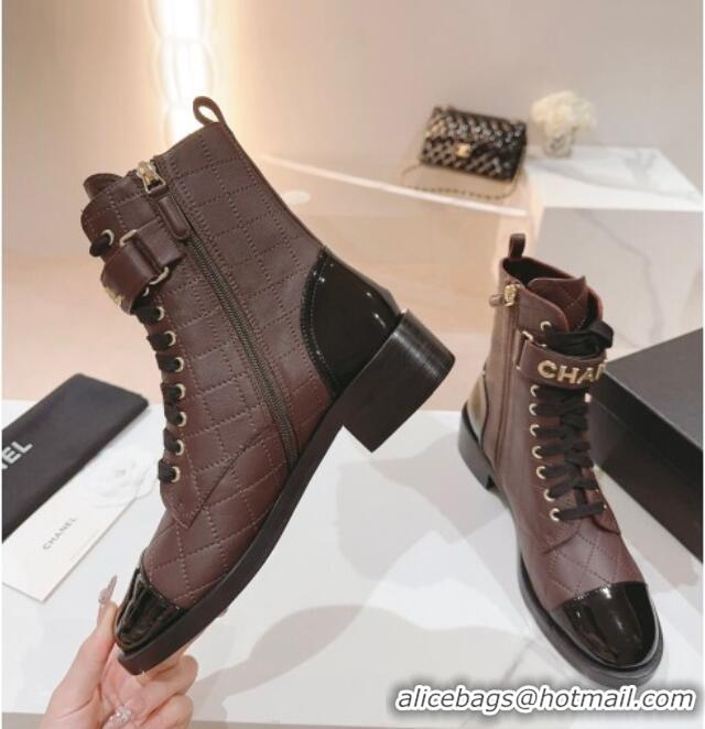 Unique Style Chanel Quilted Lambskin & Patent Calfskin Ankle Combat Boots G45005 Chocolate Brown