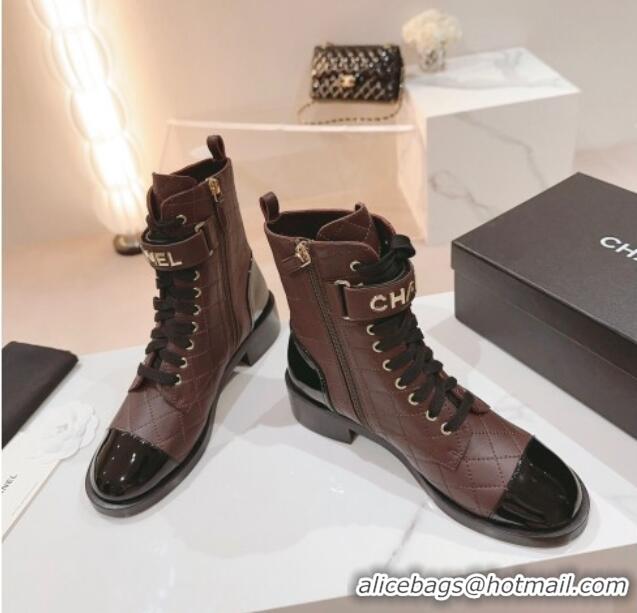 Unique Style Chanel Quilted Lambskin & Patent Calfskin Ankle Combat Boots G45005 Chocolate Brown