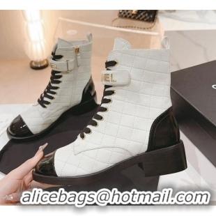 Grade Chanel Quilted Lambskin & Patent Calfskin Ankle Combat Boots G45005 White 802004