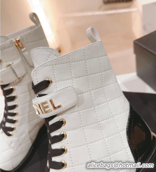 Grade Chanel Quilted Lambskin & Patent Calfskin Ankle Combat Boots G45005 White 802004