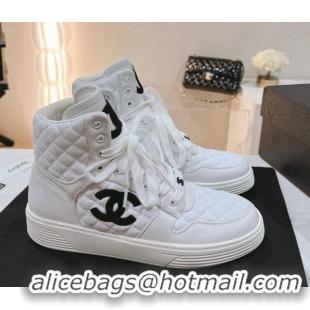 Good Quality Chanel Quilted Calfskin High Top Sneakers White 802011