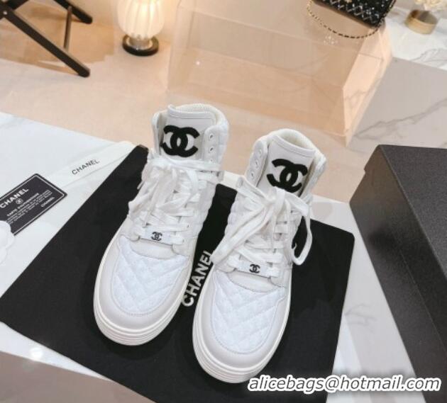 Good Quality Chanel Quilted Calfskin High Top Sneakers White 802011