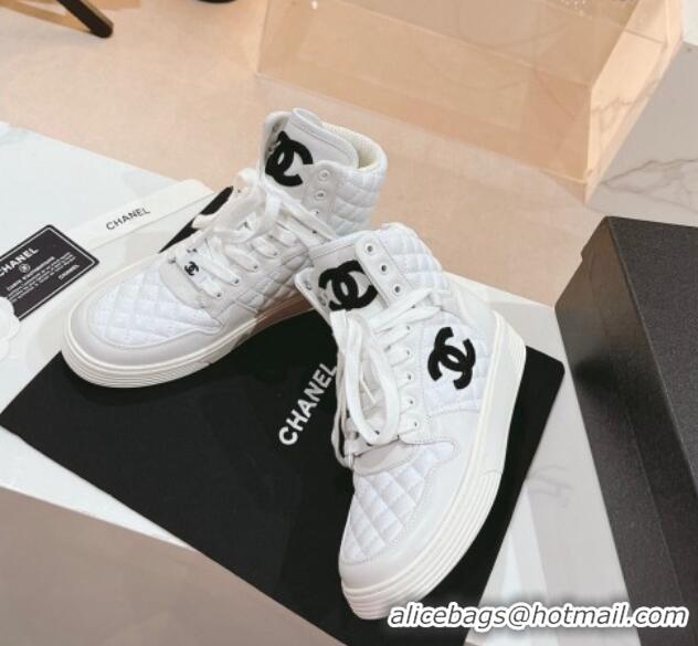 Good Quality Chanel Quilted Calfskin High Top Sneakers White 802011