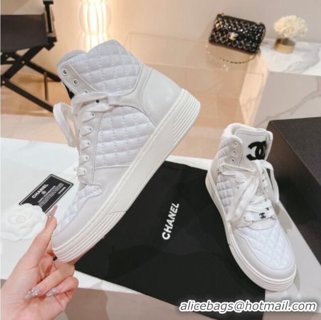 Good Quality Chanel Quilted Calfskin High Top Sneakers White 802011