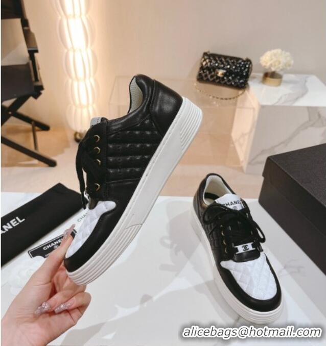 Top Grade Chanel Quilted Calfskin Low Top Sneakers White/Black 802016