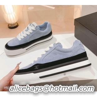 Top Design Chanel Velvet & Suede Platform Sneakers Light Blue 802021