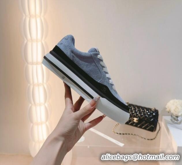 Top Design Chanel Velvet & Suede Platform Sneakers Light Blue 802021