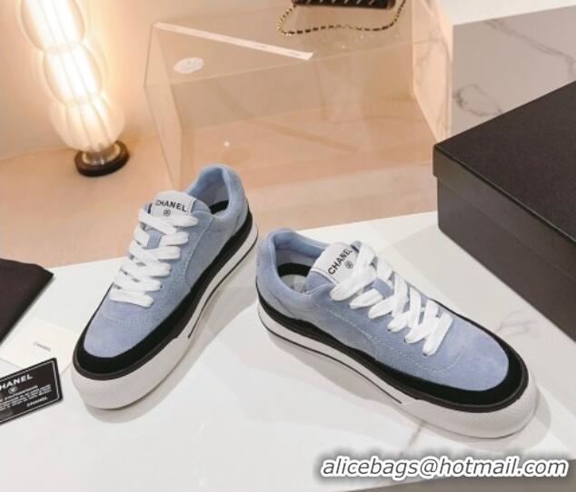 Top Design Chanel Velvet & Suede Platform Sneakers Light Blue 802021