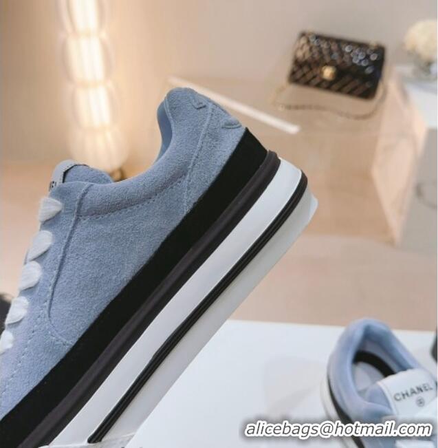 Top Design Chanel Velvet & Suede Platform Sneakers Light Blue 802021