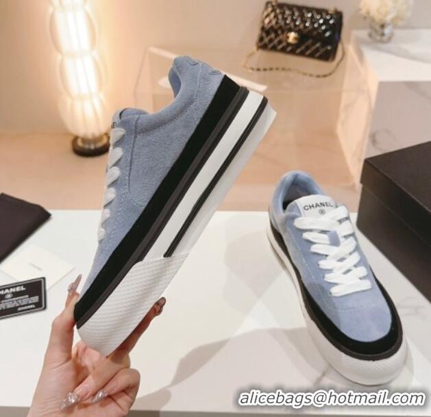 Top Design Chanel Velvet & Suede Platform Sneakers Light Blue 802021