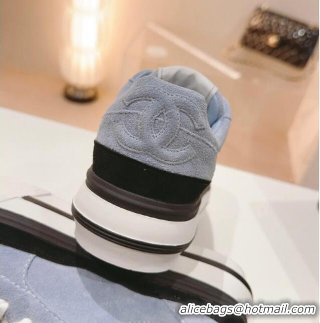 Top Design Chanel Velvet & Suede Platform Sneakers Light Blue 802021