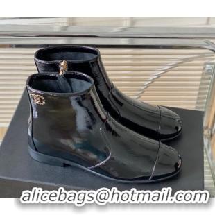 Best Price Chanel Patent Leather Ankle Boots with Chain CC Black 802025