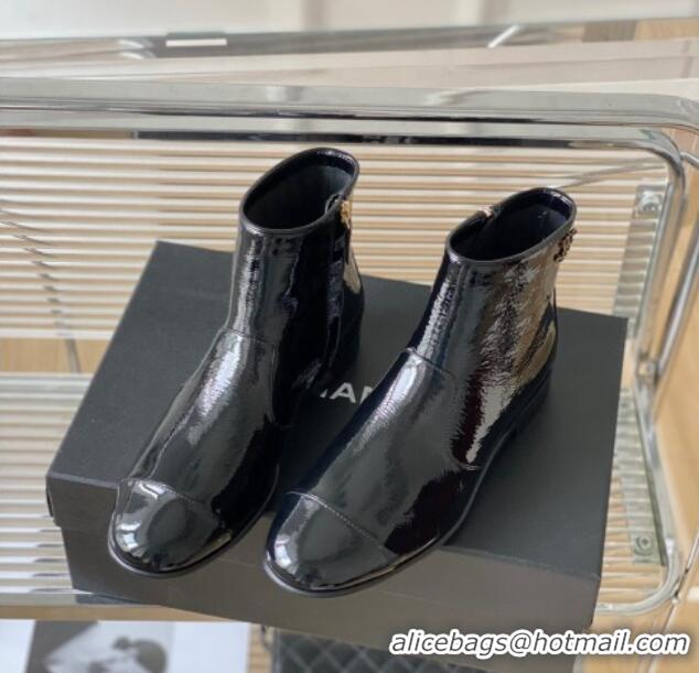 Best Price Chanel Patent Leather Ankle Boots with Chain CC Black 802025