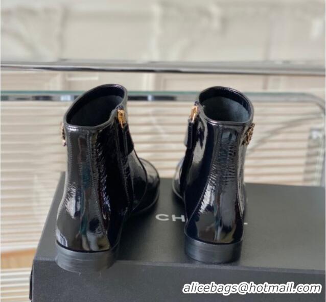 Best Price Chanel Patent Leather Ankle Boots with Chain CC Black 802025