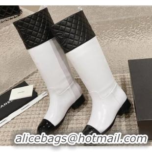 Charming Chanel Quilted Lambskin & Calfskin High Boots 3cm White/Black 802026