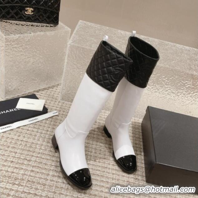 Charming Chanel Quilted Lambskin & Calfskin High Boots 3cm White/Black 802026