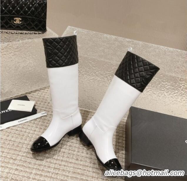 Charming Chanel Quilted Lambskin & Calfskin High Boots 3cm White/Black 802026