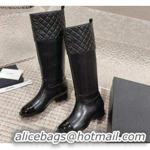 Unique Style Chanel Quilted Lambskin & Calfskin High Boots 3cm All Black 802028