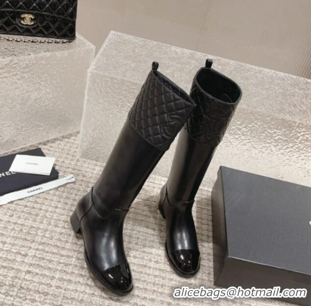 Unique Style Chanel Quilted Lambskin & Calfskin High Boots 3cm All Black 802028