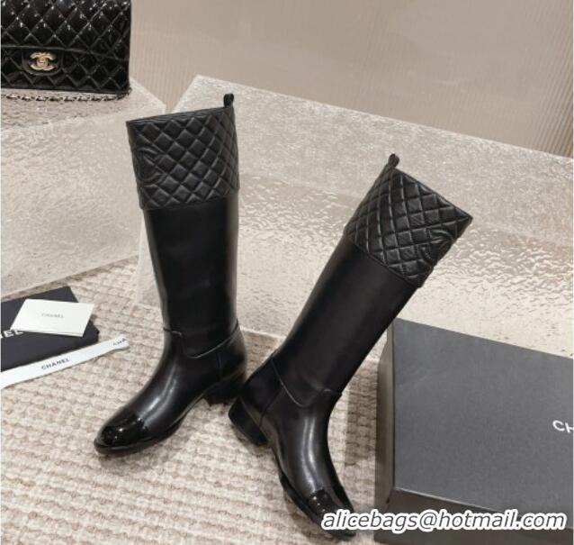 Unique Style Chanel Quilted Lambskin & Calfskin High Boots 3cm All Black 802028