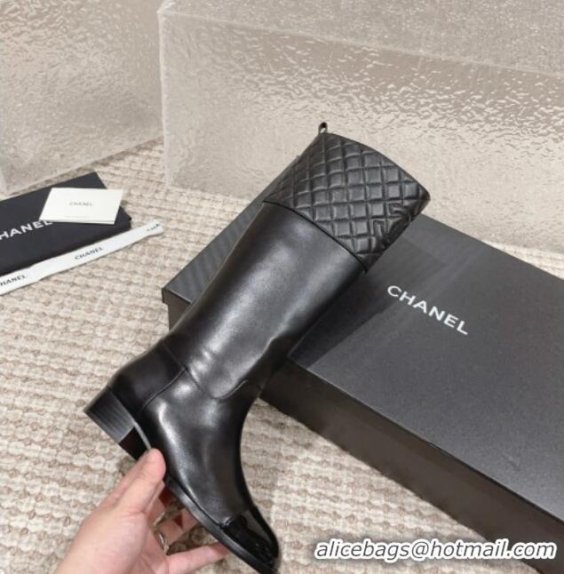 Unique Style Chanel Quilted Lambskin & Calfskin High Boots 3cm All Black 802028