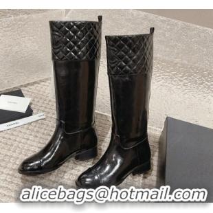 Durable Chanel Quilted Lambskin & Patent Calfskin High Boots 3cm Black 802029