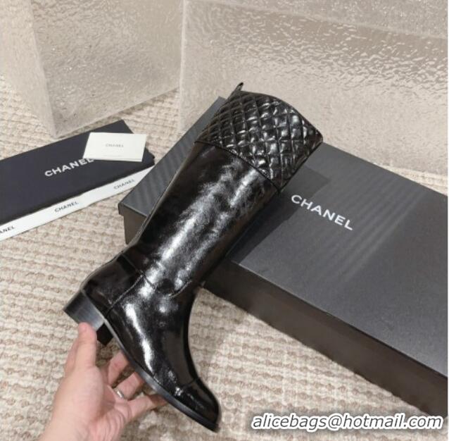 Durable Chanel Quilted Lambskin & Patent Calfskin High Boots 3cm Black 802029