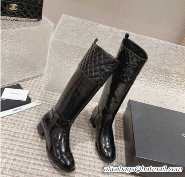 Durable Chanel Quilted Lambskin & Patent Calfskin High Boots 3cm Black 802029