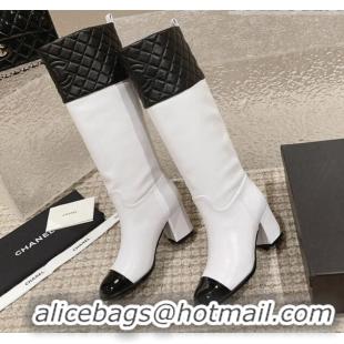 Good Looking Chanel Quilted Lambskin & Calfskin High Boots 7cm White/Black 802030