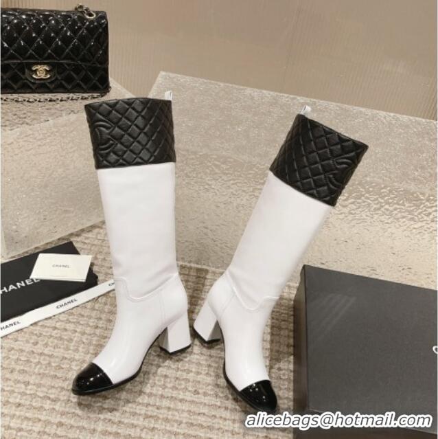 Good Looking Chanel Quilted Lambskin & Calfskin High Boots 7cm White/Black 802030