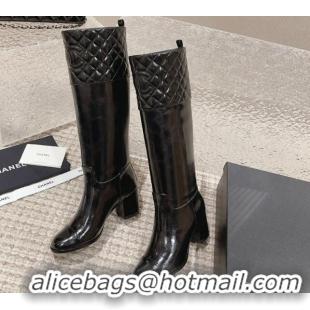 Discount Chanel Quilted Lambskin & Patent Calfskin High Boots 7cm Black 802031