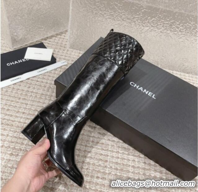 Discount Chanel Quilted Lambskin & Patent Calfskin High Boots 7cm Black 802031