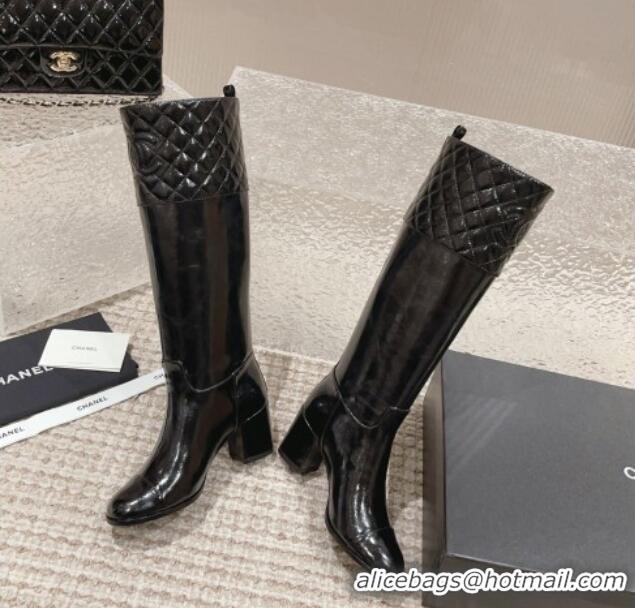 Discount Chanel Quilted Lambskin & Patent Calfskin High Boots 7cm Black 802031