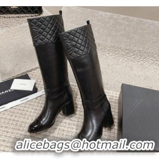 Low Cost Chanel Quilted Lambskin & Calfskin High Boots 7cm All Black 802033