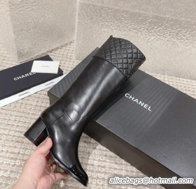 Low Cost Chanel Quilted Lambskin & Calfskin High Boots 7cm All Black 802033