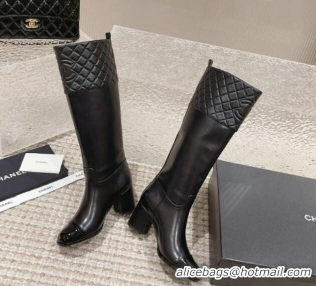 Low Cost Chanel Quilted Lambskin & Calfskin High Boots 7cm All Black 802033