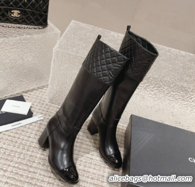 Low Cost Chanel Quilted Lambskin & Calfskin High Boots 7cm All Black 802033